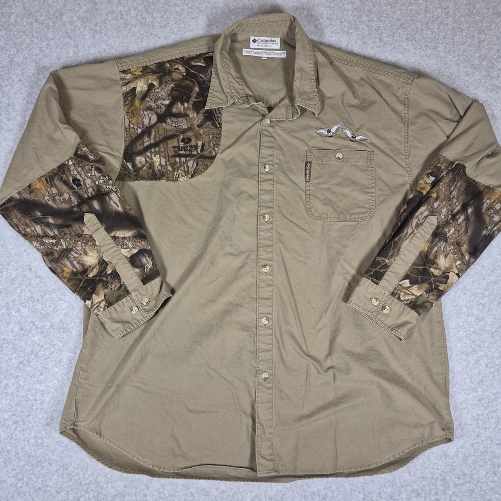 VTG Columbia Hunting Shirt Mens XXL Khaki Mossy Oak Camo Mallard Duck Embroidery